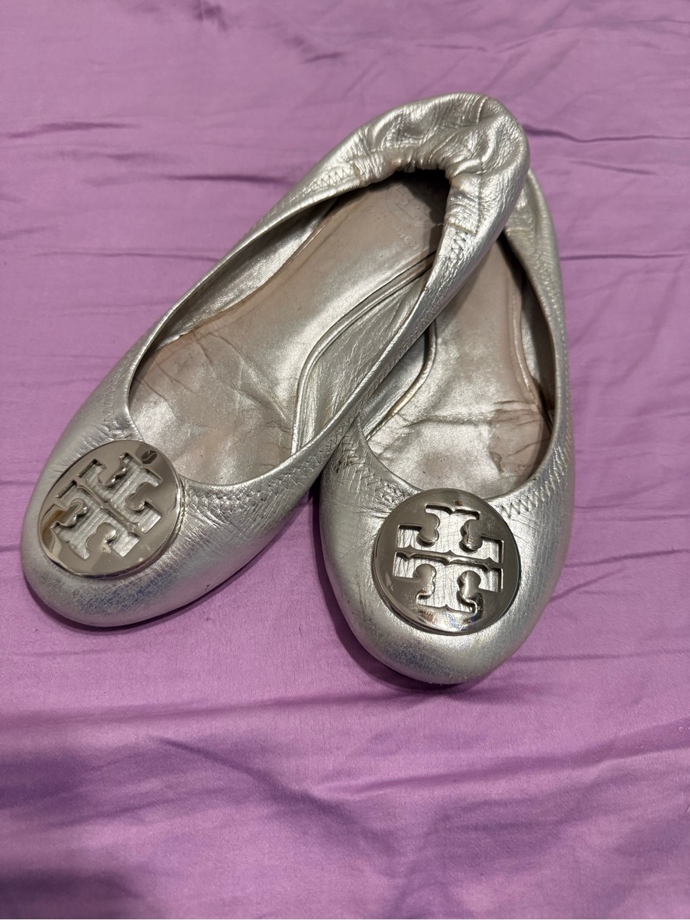 Tory Burch Silver Metallic Logo Ballet Flats